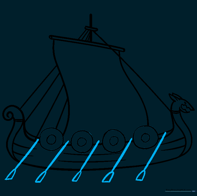 Drawing the oars extending from the side of the Viking ship.