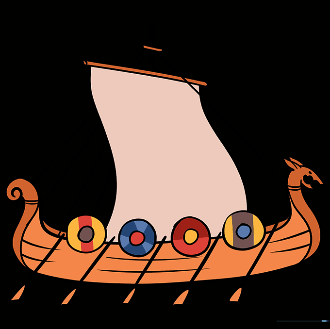 A fully colored and detailed cartoon Viking ship.