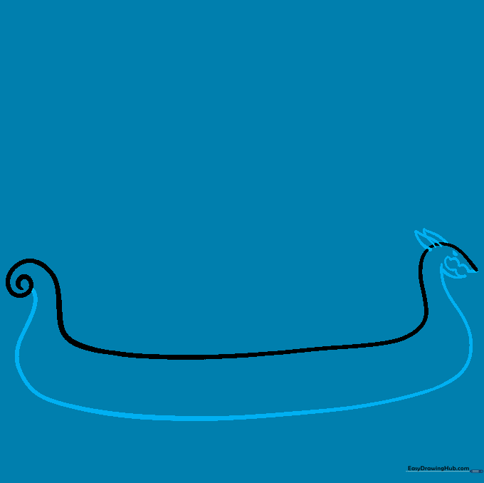 Drawing the dragon head detail on the prow of the Viking ship.