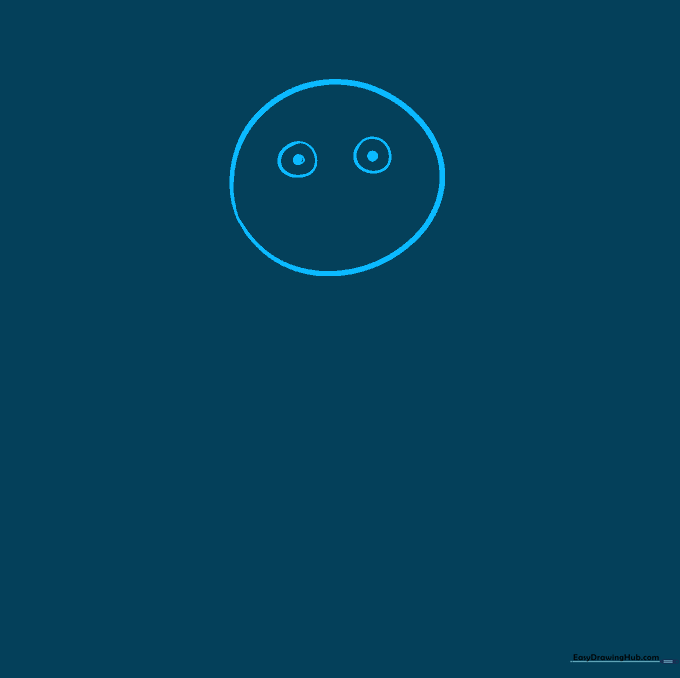 Pencil sketch showing a circular head shape with two simple eyes and pupils drawn inside.