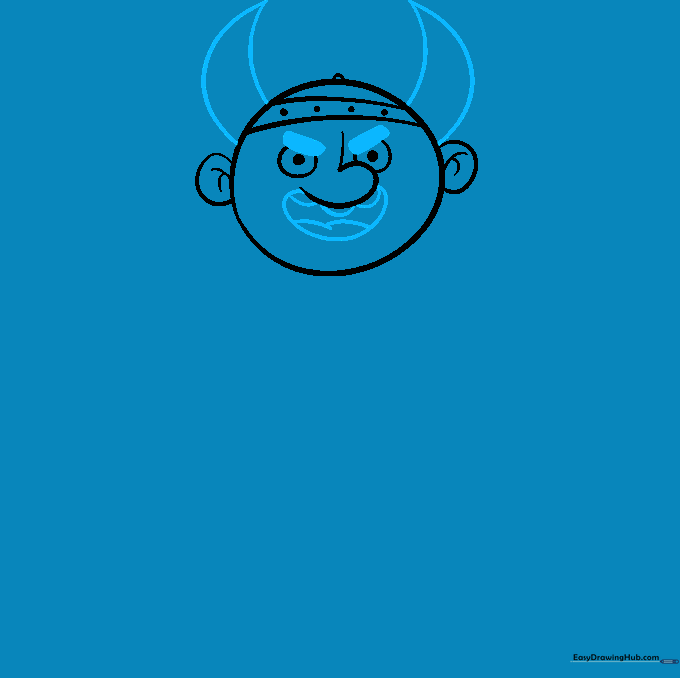 Drawing showing the addition of sharp horns, a wide mouth with teeth, and angled eyebrows.
