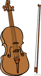 A completed, colored illustration of a violin with its bow, ready for a music-themed art project.
