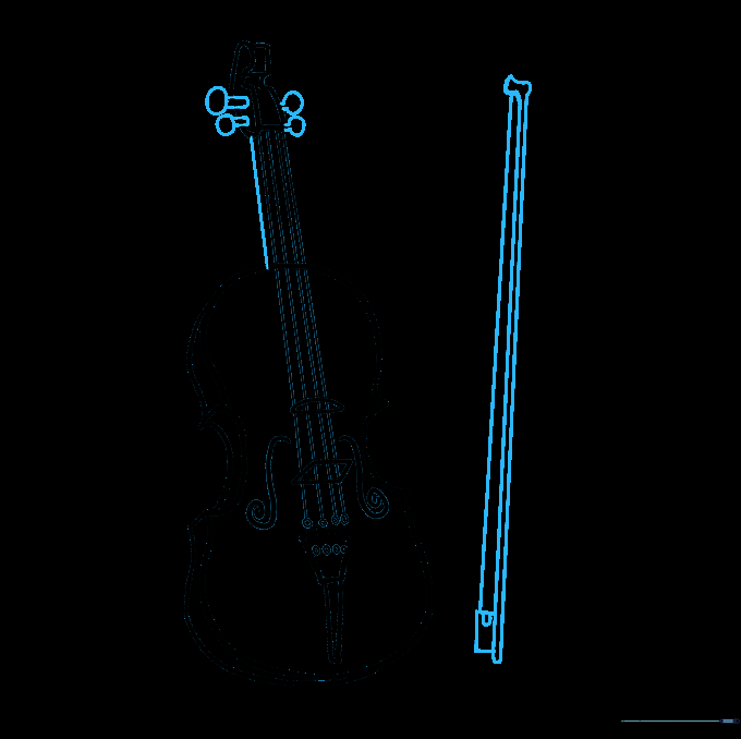 Sketching the tuning pegs and the violin bow.
