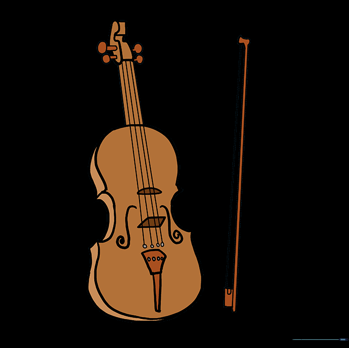 The final colored violin drawing with wood-toned shading.