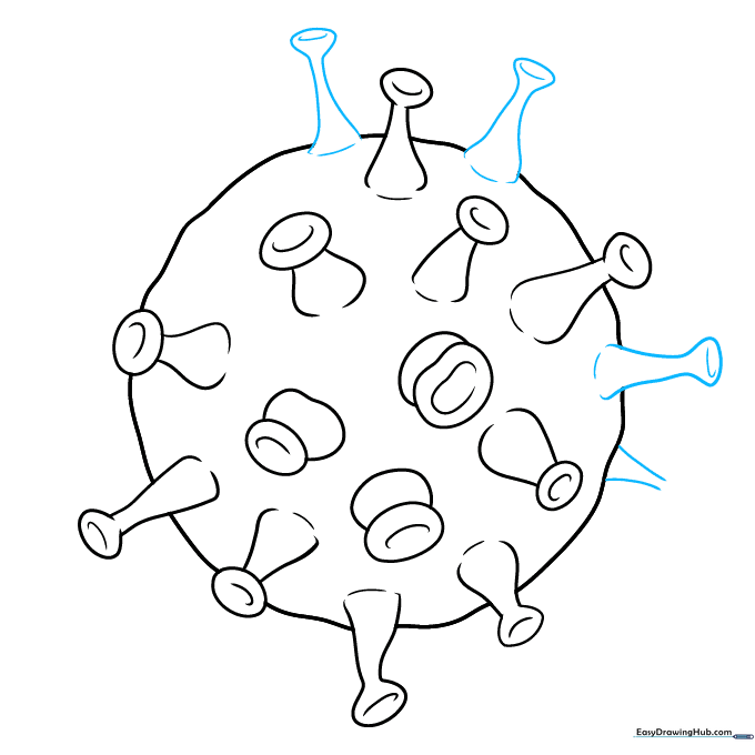 Drawing thinner, angled spikes to add depth to the virus illustration.