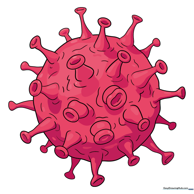 A fully colored, vibrant illustration of a virus with red spikes and a textured body.