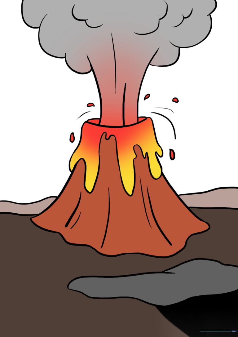 A vibrant, finished drawing of an erupting volcano with smoke and flowing lava.