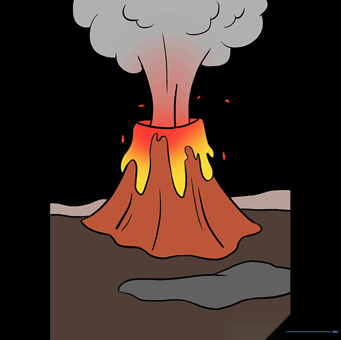 A fully colored volcano drawing with brown mountains, grey smoke, and bright red and yellow lava.