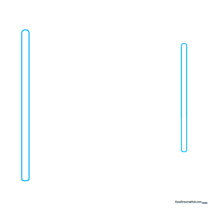 Two vertical poles drawn for a volleyball net, showing perspective with varying heights.
