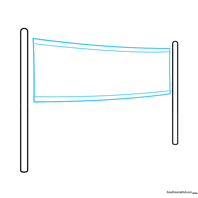 A rectangular frame drawn between two vertical posts for the volleyball net structure.