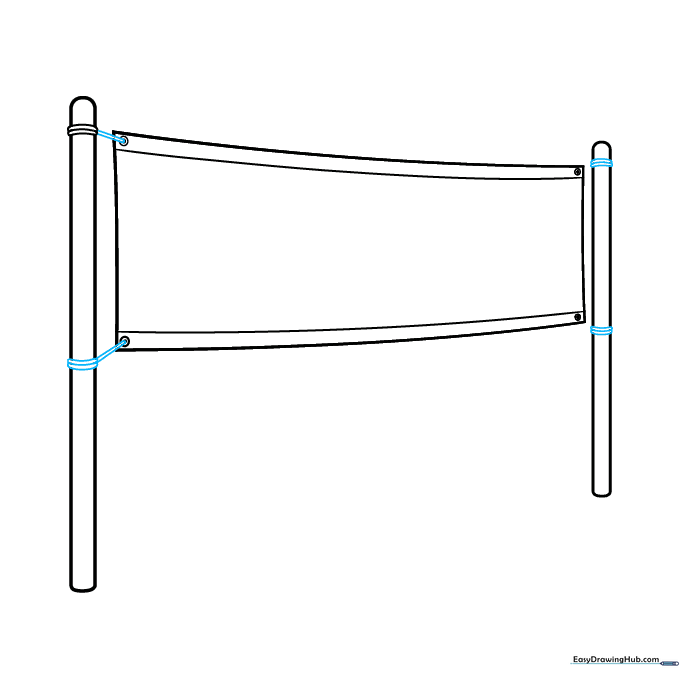 Lines connecting the net corners to the vertical posts to represent tension cables.