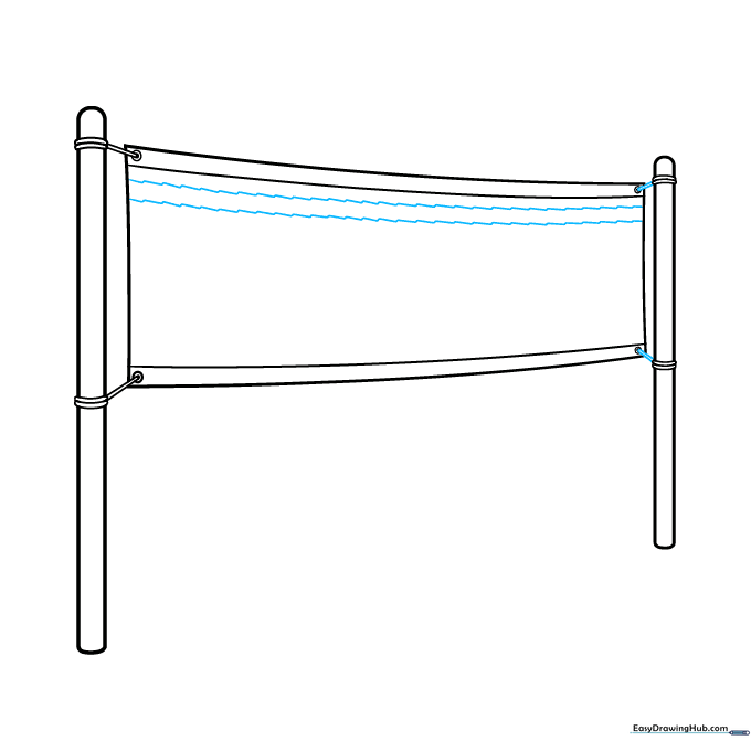 Horizontal zigzag lines drawn across the net frame to begin the mesh pattern.