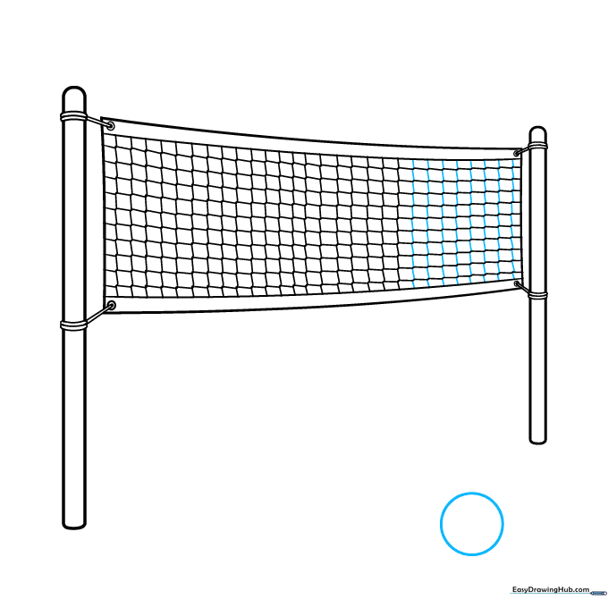A completed volleyball net with a circle drawn nearby for the ball.