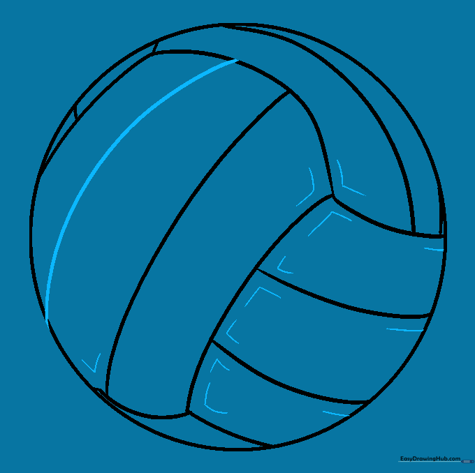 The completed line drawing of the volleyball with all panel details added.