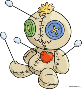 A colorful, finished cartoon voodoo doll illustration.