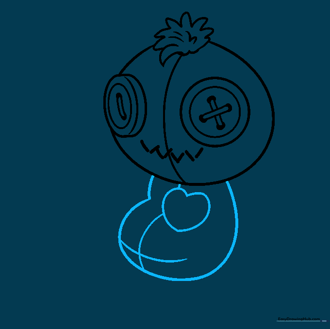 Drawing the main body of the voodoo doll with a heart patch on the chest.
