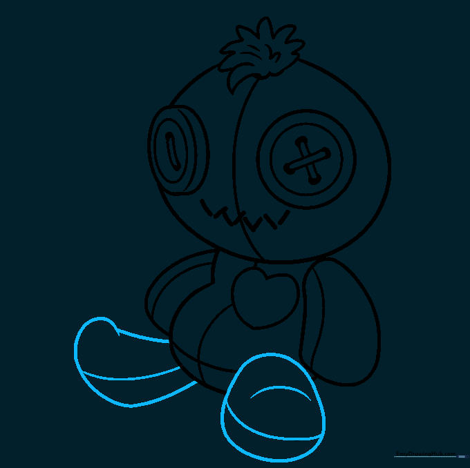 Drawing the legs and feet of the voodoo doll.