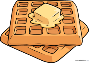 A finished, colorful drawing of a stack of waffles topped with a pat of melting butter.