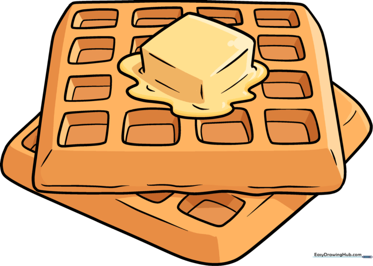 A finished, colorful drawing of a stack of waffles topped with a pat of melting butter.