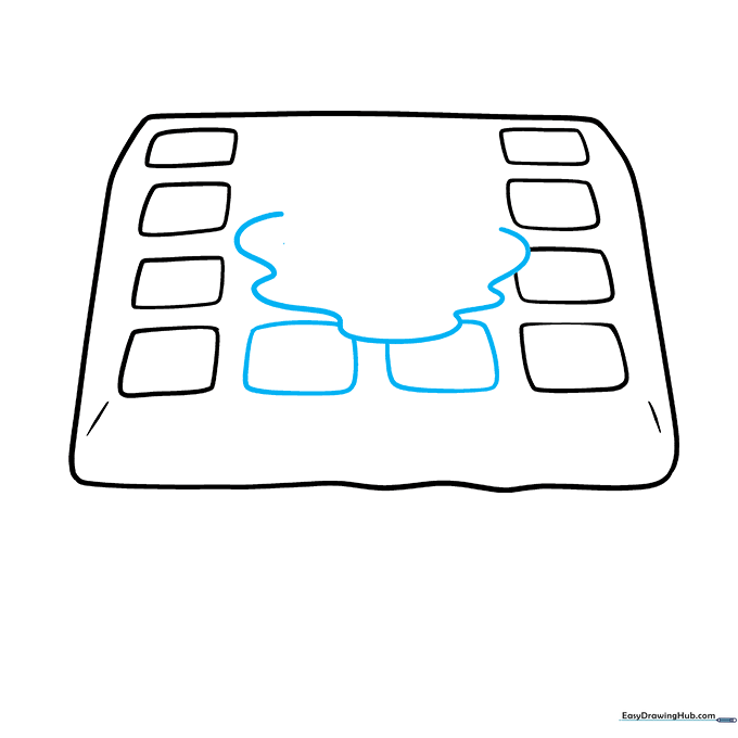 Sketching a puddle of melted butter on top of the waffle grid.