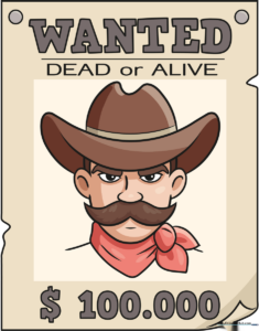 A finished, professional-looking Wanted Poster illustration featuring a cowboy and bold text.