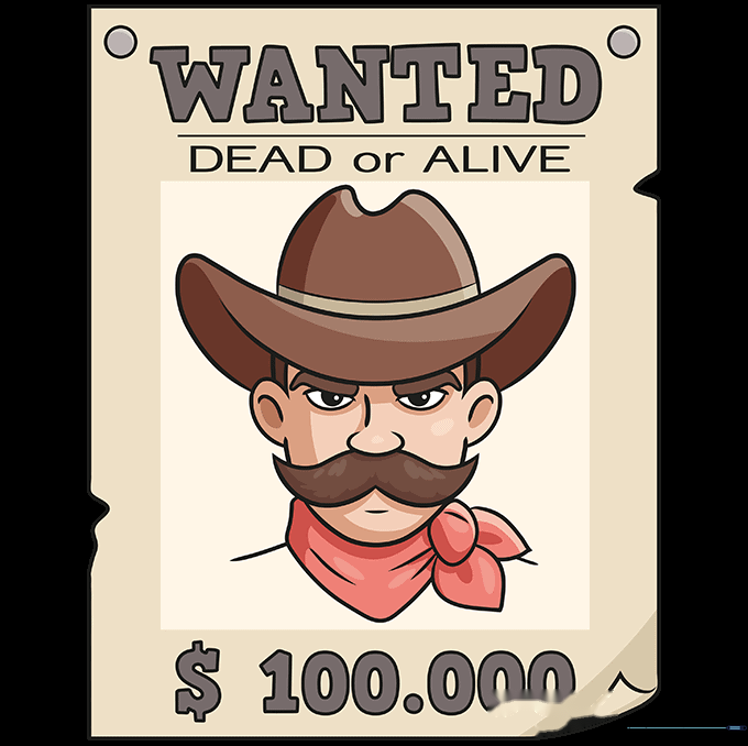 The finished, colored Wanted Poster with a tan paper background and a detailed cowboy illustration.