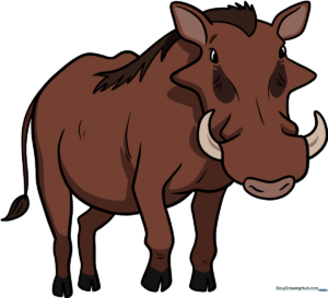 A vibrant, finished cartoon warthog drawing, perfect for kids to use as a reference.