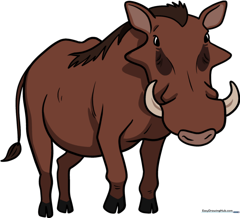 A vibrant, finished cartoon warthog drawing, perfect for kids to use as a reference.