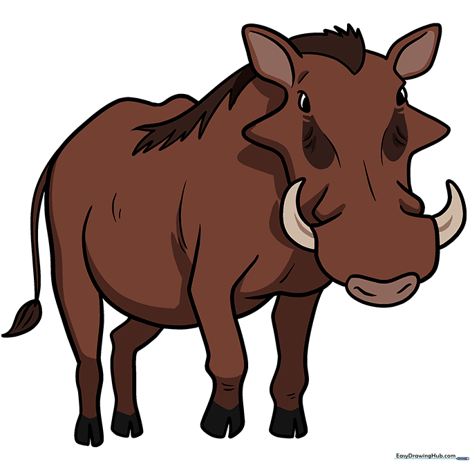 A fully colored, cartoon-style warthog with reddish-brown fur and a pink snout.