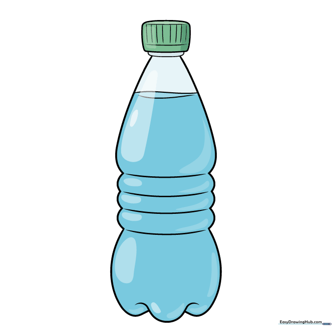 A fully colored water bottle drawing with blue water and a green cap.