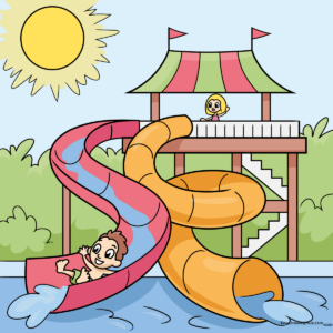 Colorful, completed illustration of a fun water slide at a park.