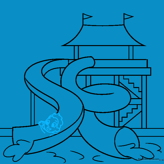 Sketch of a cartoon boy sliding down the water slide.