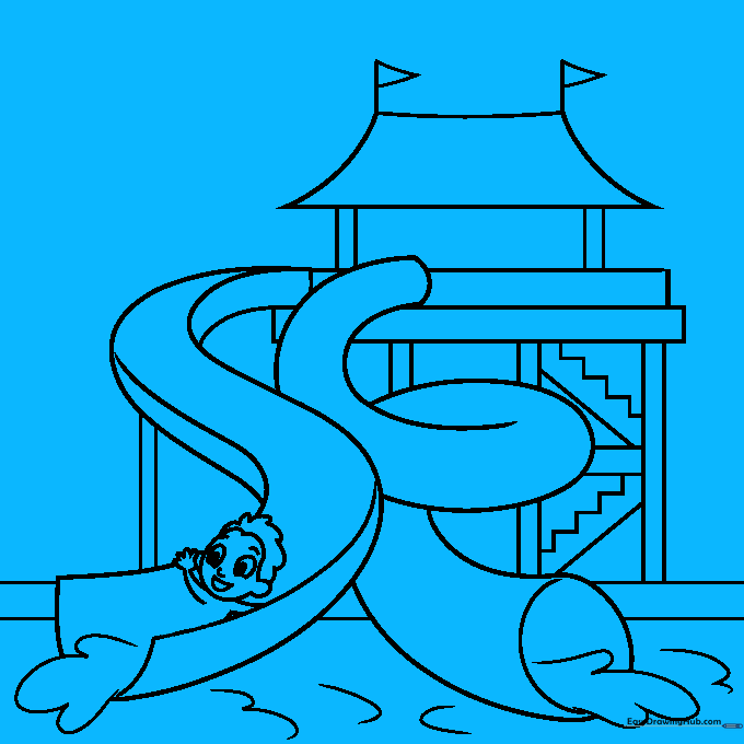 Drawing showing a girl waiting on the platform and details added to the boy's swim trunks.