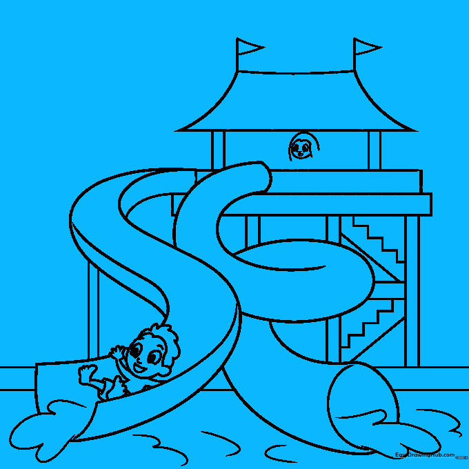 Drawing showing background trees and the girl waving from the platform.