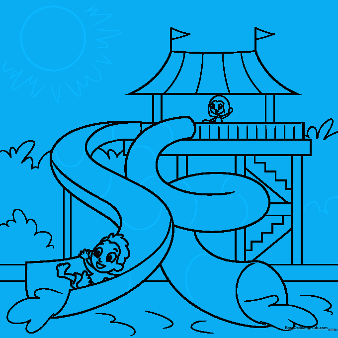 Final line drawing of the water slide scene with a sun added in the sky.