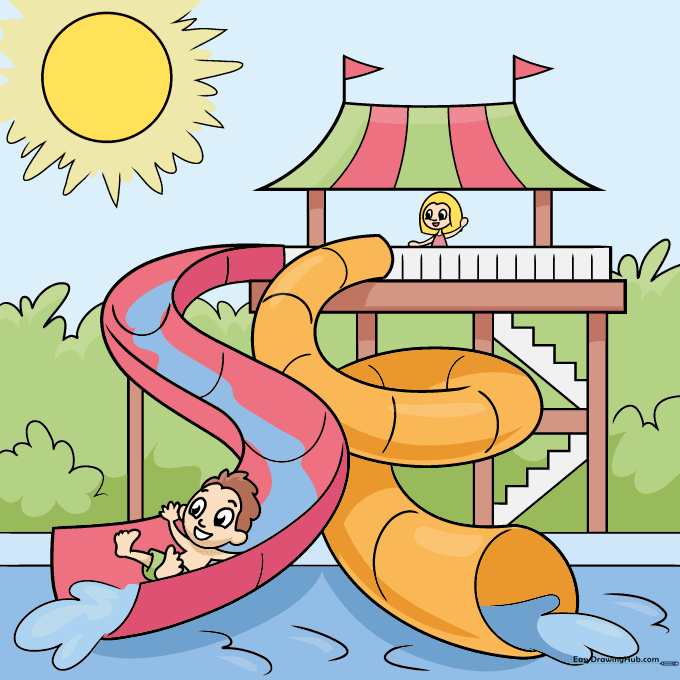 Finished, colorful drawing of a water slide scene.