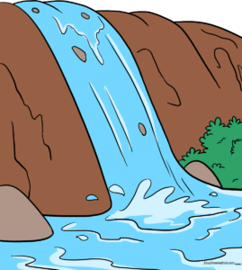A completed, colorful, and inviting illustration of a mountain waterfall.