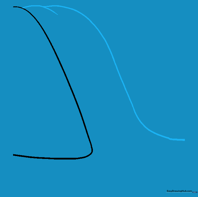 Pencil drawing showing a long curved line representing water cascading over a cliff edge.
