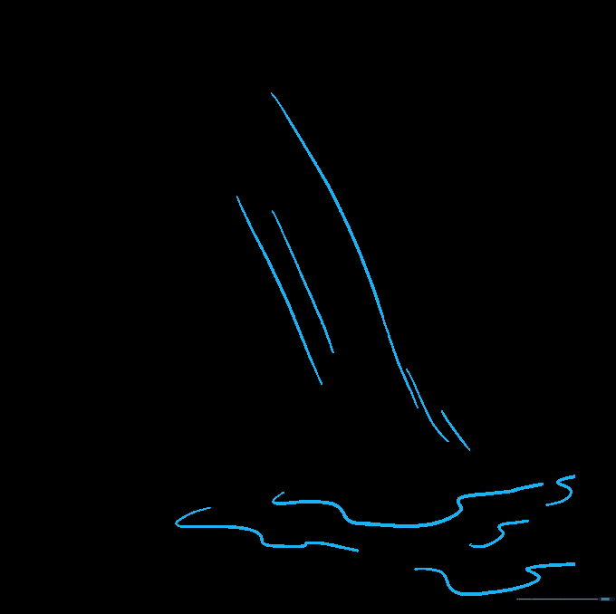 Detailed sketch showing water texture lines and circular ripples at the base of the waterfall.