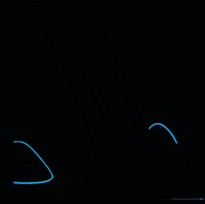 Sketch showing several irregular boulder shapes drawn at the base of the waterfall.