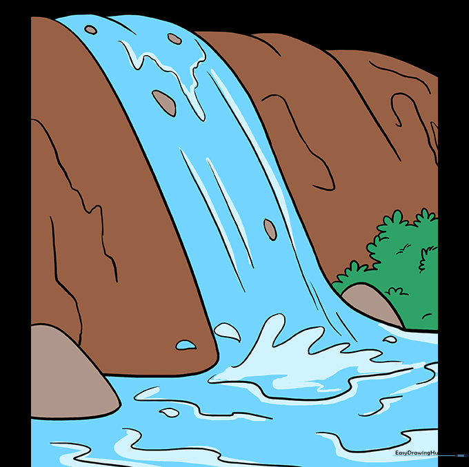A fully colored, vibrant drawing of a waterfall with blue water and rocky cliffs.