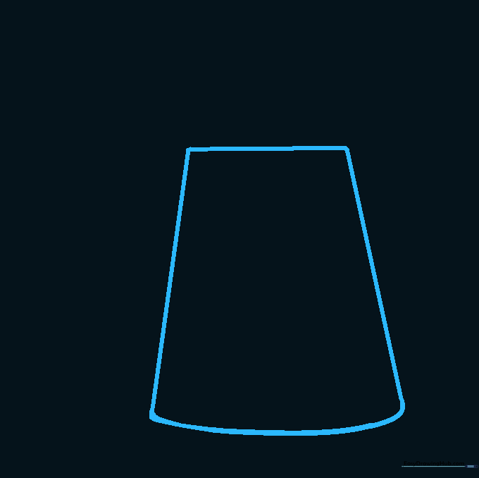 A simple trapezoid shape drawn in pencil representing the main body of a watering can.