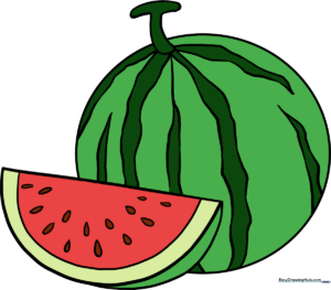 A vibrant, finished drawing of a watermelon slice, showcasing the green rind and pink center.