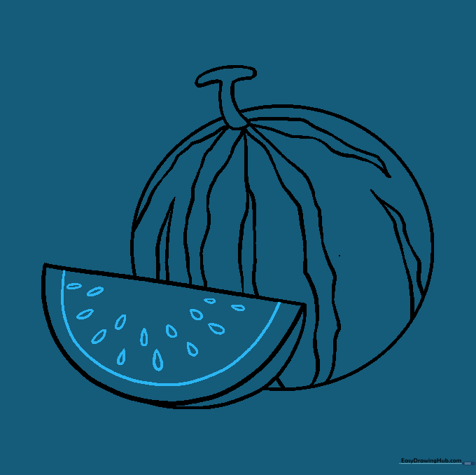 Adding the inner rind line and teardrop-shaped seeds to the watermelon slice.