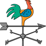 A colorful, finished illustration of a rooster weathervane against a clear blue sky background.