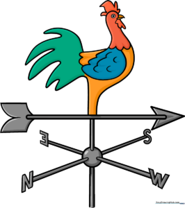 A colorful, finished illustration of a rooster weathervane against a clear blue sky background.
