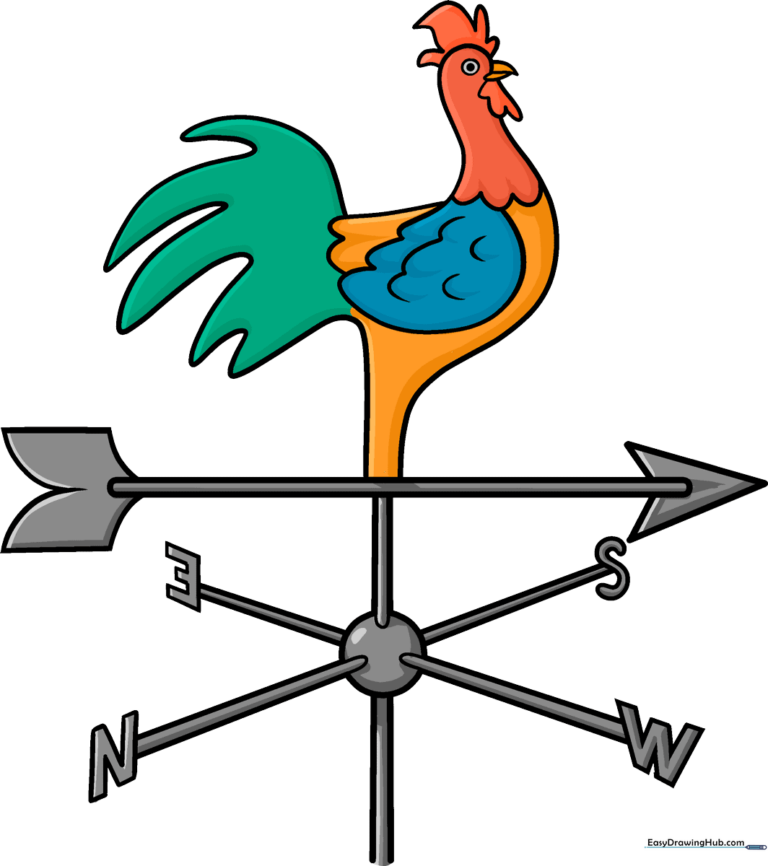 A colorful, finished illustration of a rooster weathervane against a clear blue sky background.