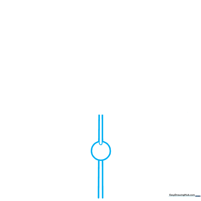 Pencil sketch showing a small circle with vertical lines extending from the top and bottom to form a central rod.