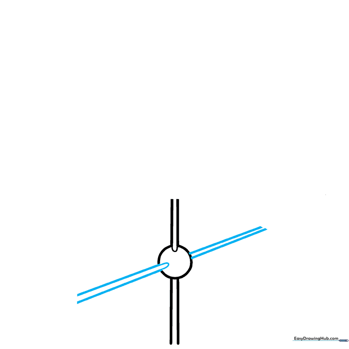 Drawing showing a cross shape intersecting the central circle to create four directional arms.