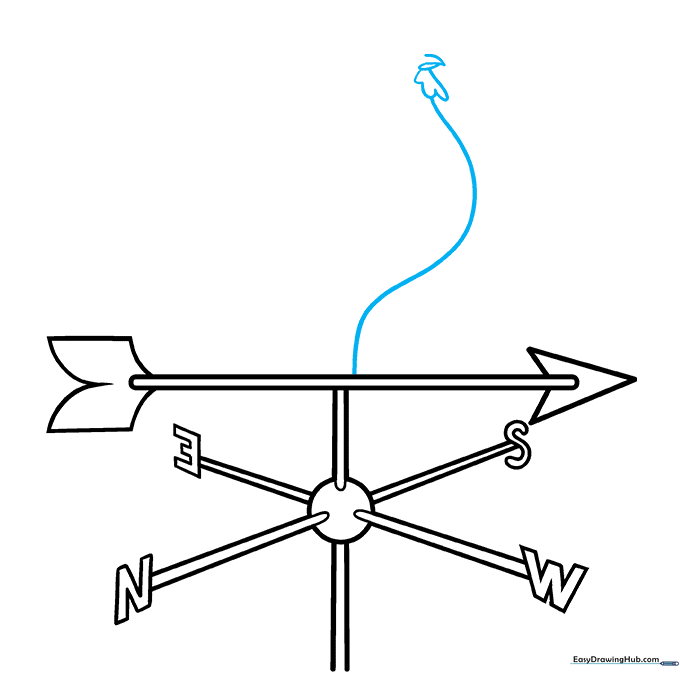 The outline of a rooster's head, beak, and wattle is drawn perched on the arrow.